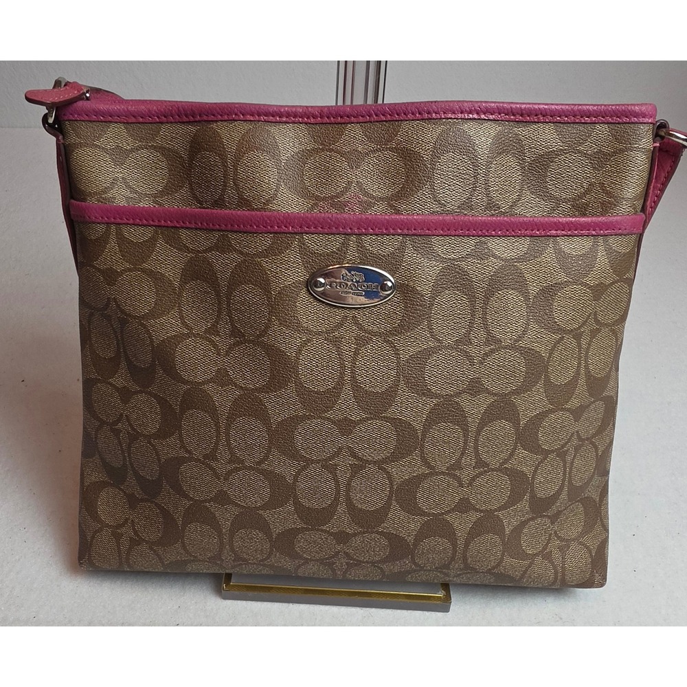 Coach North South File Bag Signature Canvas Pink Leather Crossbody F29210 Khaki